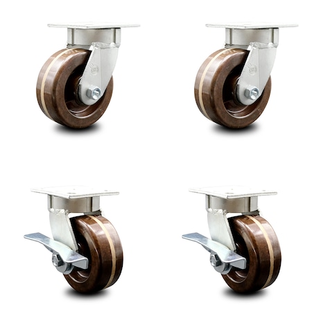 Service Caster 5 Inch Kingpinless High Temp Phenolic Wheel Swivel Caster Set with 2 Brakes SCC SCC-KP30S520-PHRHT-2-SLB-2